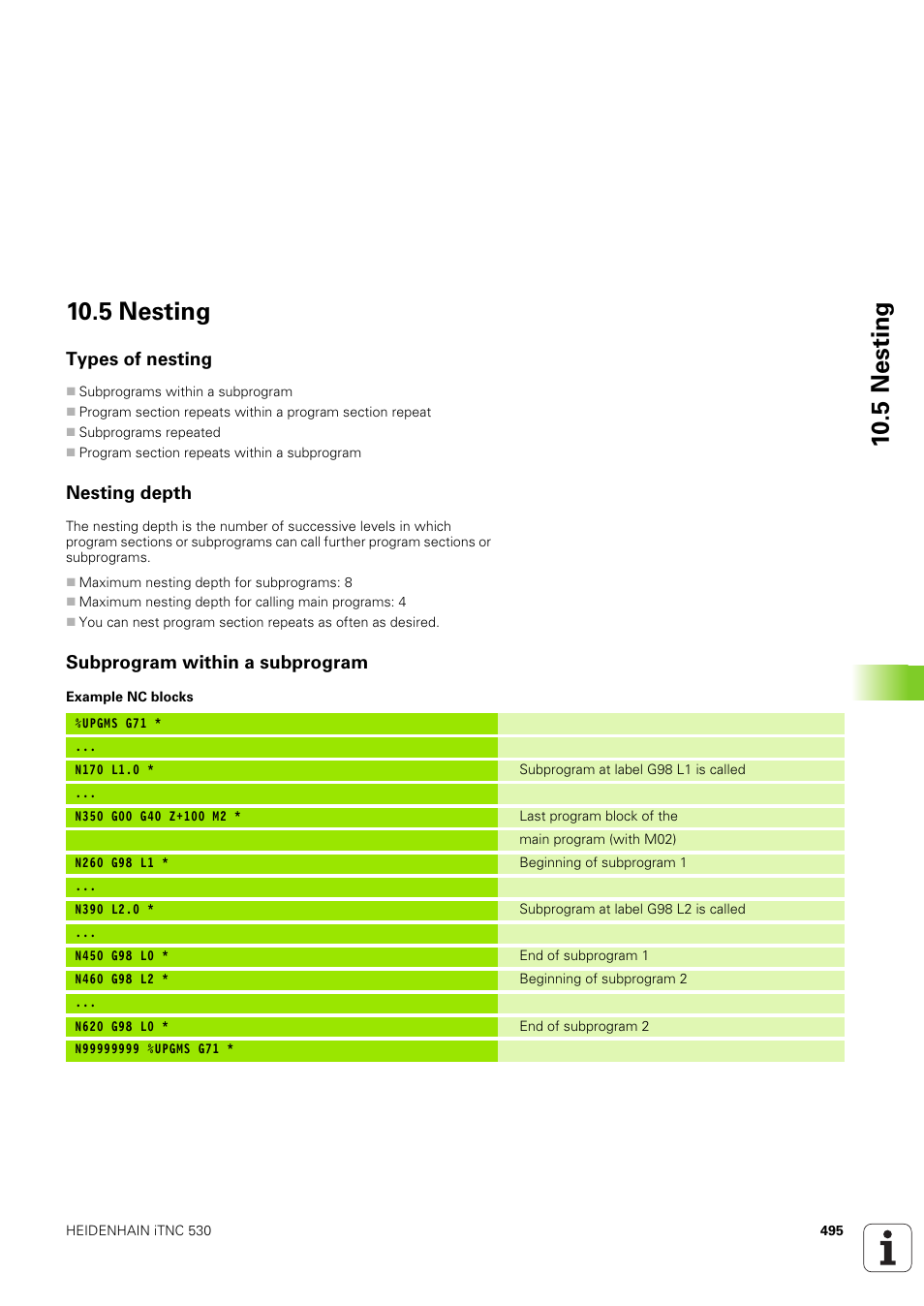5 nesting, Types of nesting, Nesting depth | Subprogram within a subprogram | HEIDENHAIN iTNC 530 (340 49x-03) ISO programming User Manual | Page 495 / 675