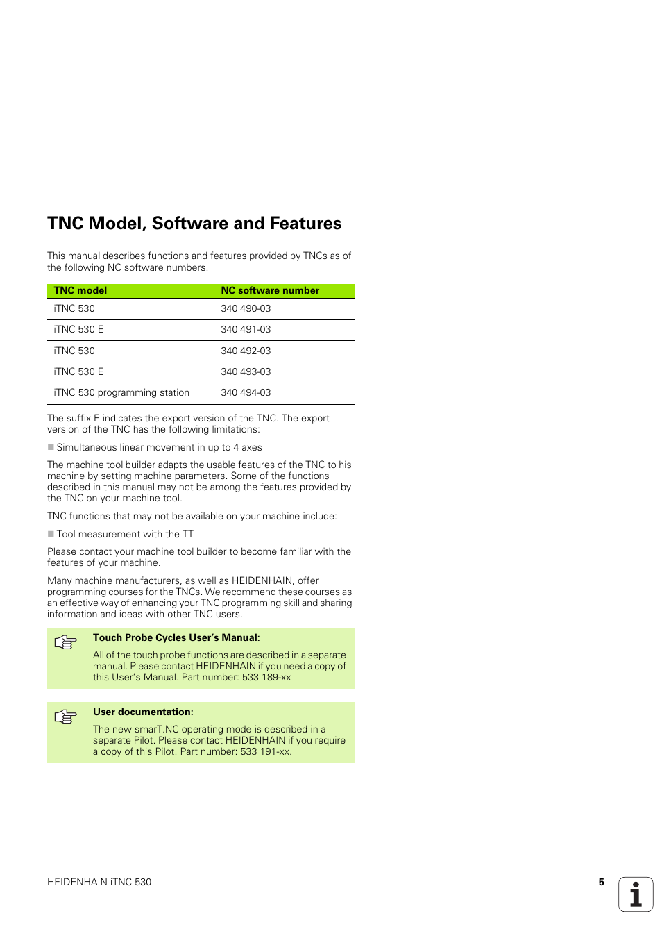 Tnc model, software and features | HEIDENHAIN iTNC 530 (340 49x-03) ISO programming User Manual | Page 5 / 675