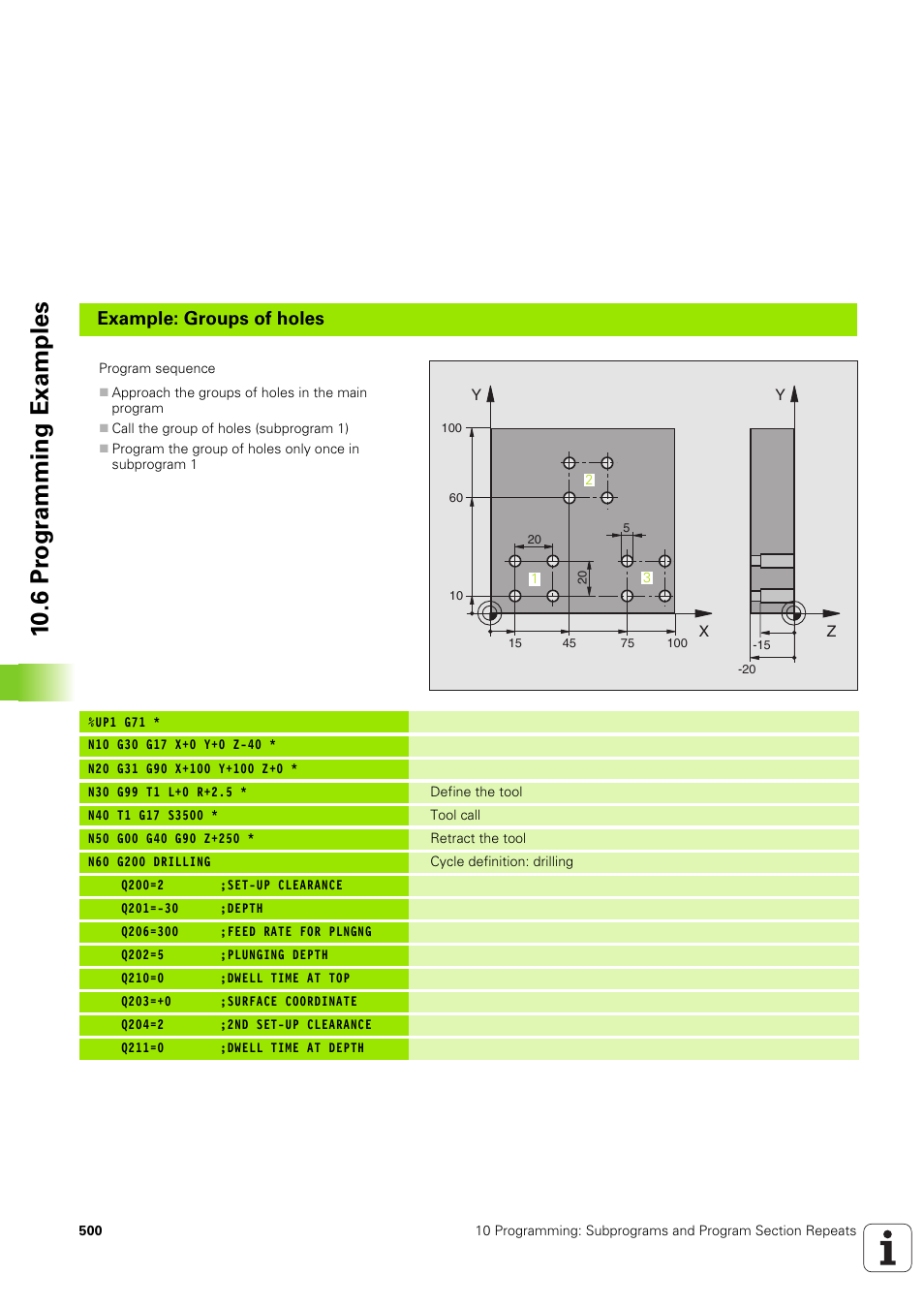 10 .6 pr ogr a mming examples, Example: groups of holes | HEIDENHAIN iTNC 530 (340 49x-03) ISO programming User Manual | Page 500 / 675