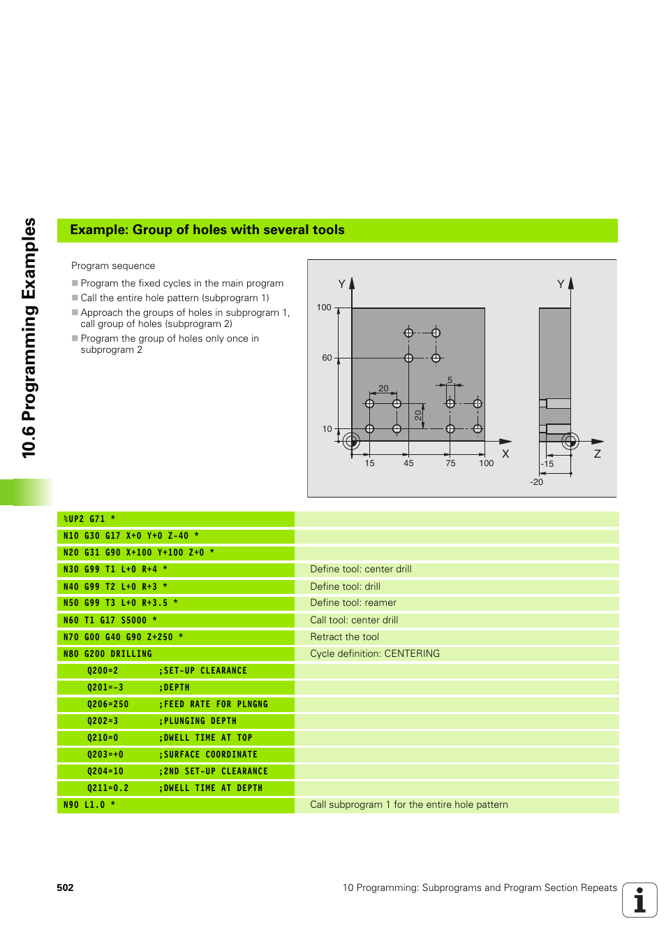 10 .6 pr ogr a mming examples, Example: group of holes with several tools | HEIDENHAIN iTNC 530 (340 49x-03) ISO programming User Manual | Page 502 / 675
