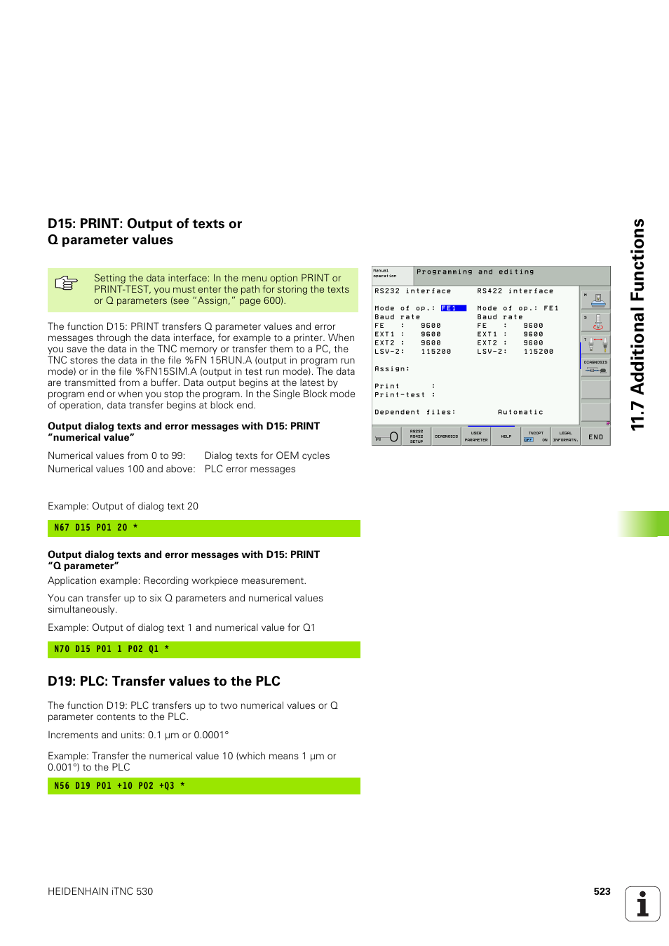 D15: print: output of texts or q parameter values, D19: plc: transfer values to the plc, 7 a d ditional f u nctions | HEIDENHAIN iTNC 530 (340 49x-03) ISO programming User Manual | Page 523 / 675