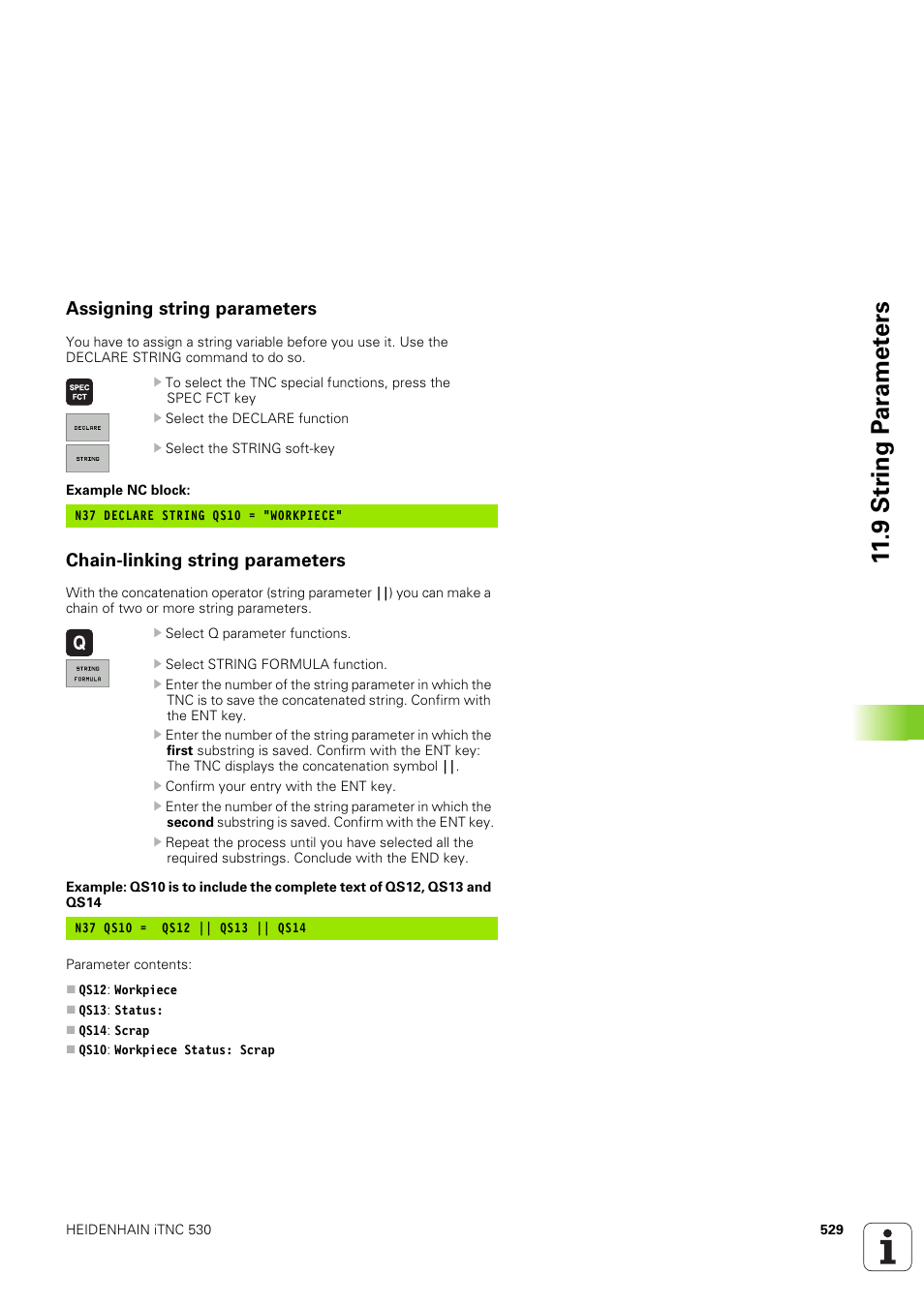 Assigning string parameters, Chain-linking string parameters, 9 str ing p a ra met e rs | HEIDENHAIN iTNC 530 (340 49x-03) ISO programming User Manual | Page 529 / 675