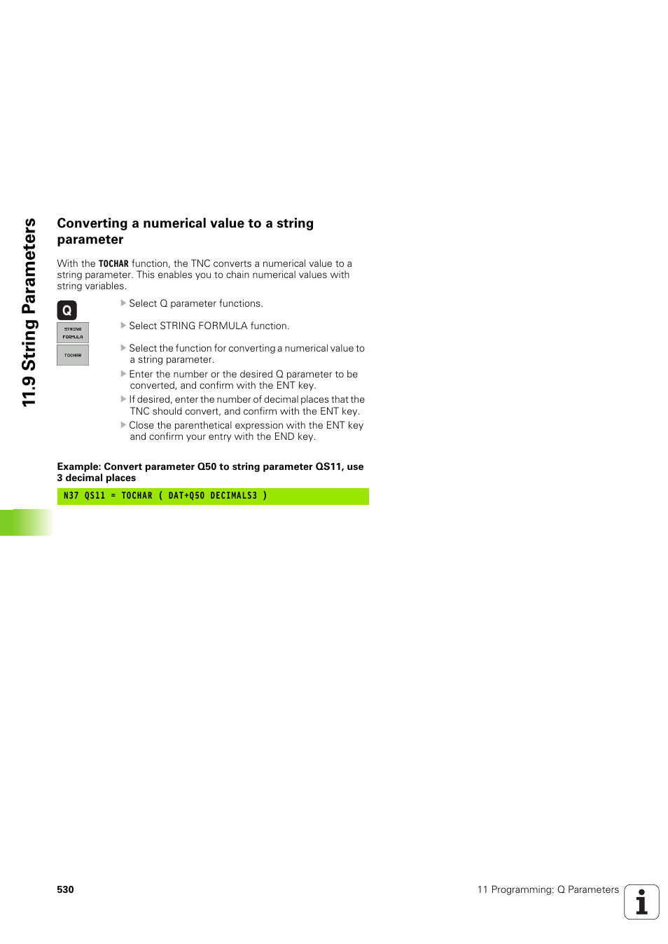 Converting a numerical value to a string parameter, 9 str ing p a ra met e rs | HEIDENHAIN iTNC 530 (340 49x-03) ISO programming User Manual | Page 530 / 675