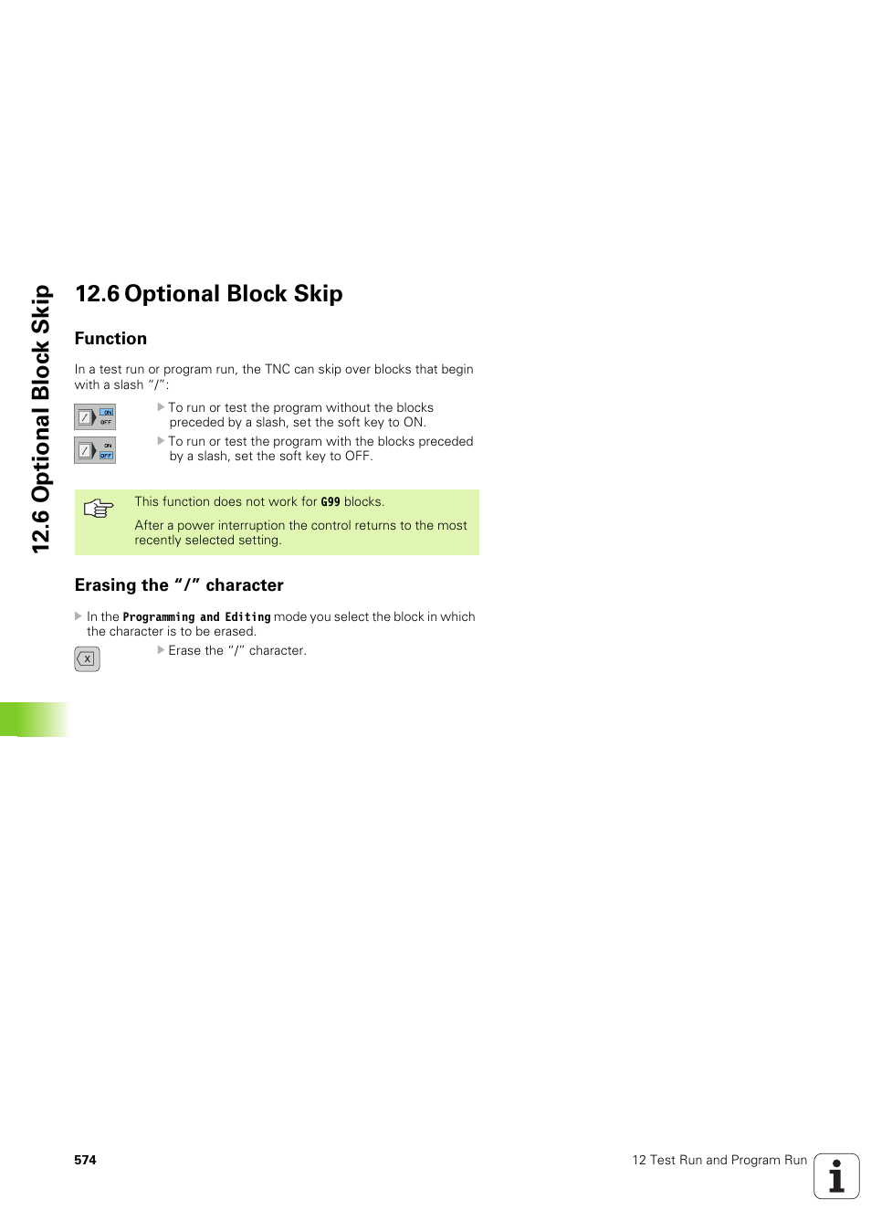 6 optional block skip, Function, Erasing the “/” character | 6 op tion al bloc k skip 12.6 optional block skip | HEIDENHAIN iTNC 530 (340 49x-03) ISO programming User Manual | Page 574 / 675