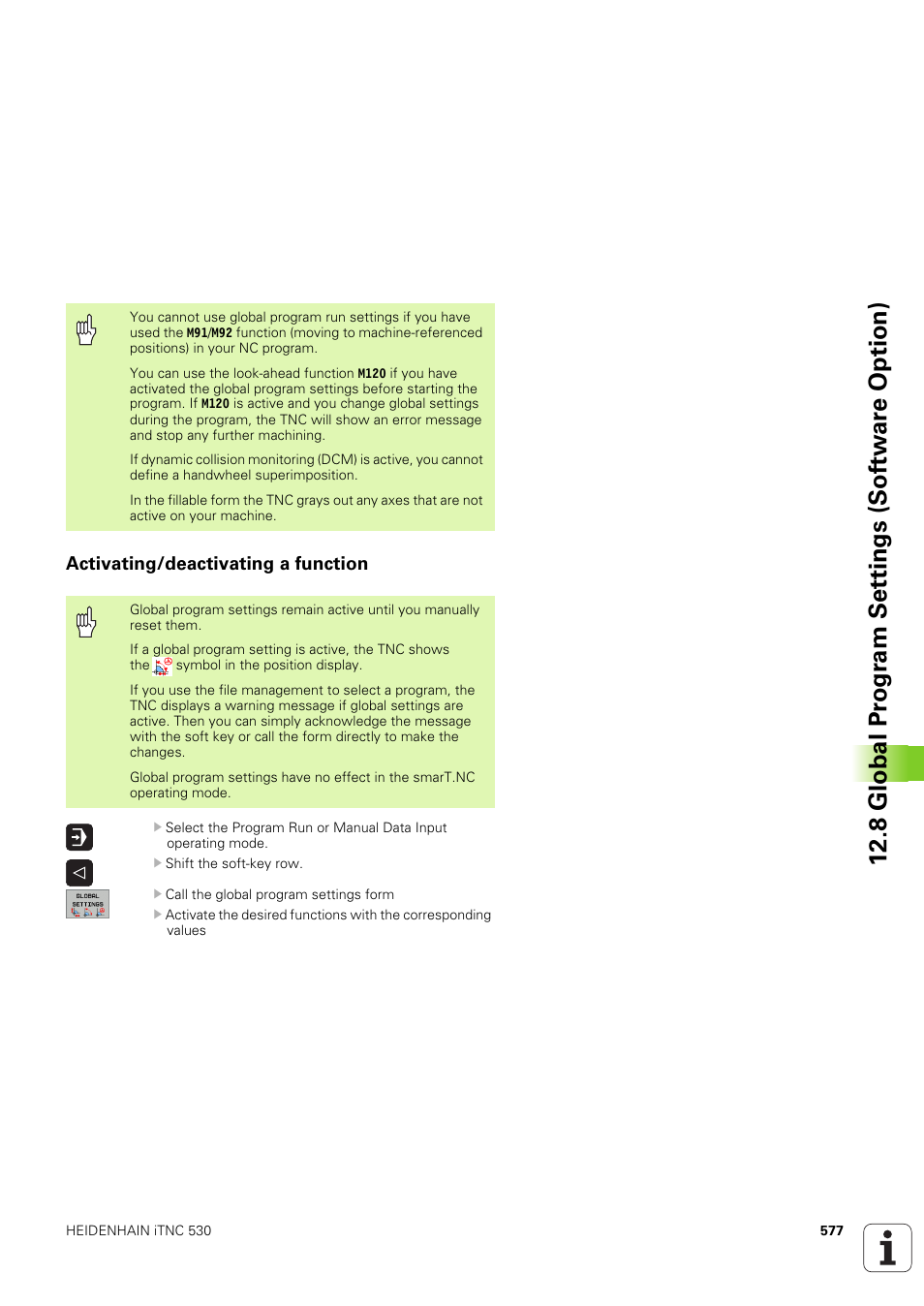 Activating/deactivating a function, 8 global pr ogr a m set tings (sof tw ar e option) | HEIDENHAIN iTNC 530 (340 49x-03) ISO programming User Manual | Page 577 / 675