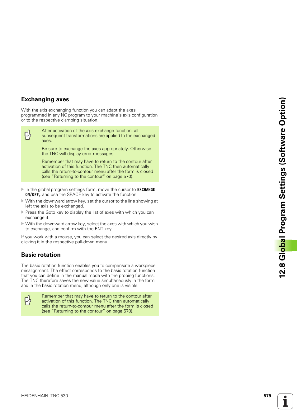 Exchanging axes, Basic rotation, 8 global pr ogr a m set tings (sof tw ar e option) | HEIDENHAIN iTNC 530 (340 49x-03) ISO programming User Manual | Page 579 / 675