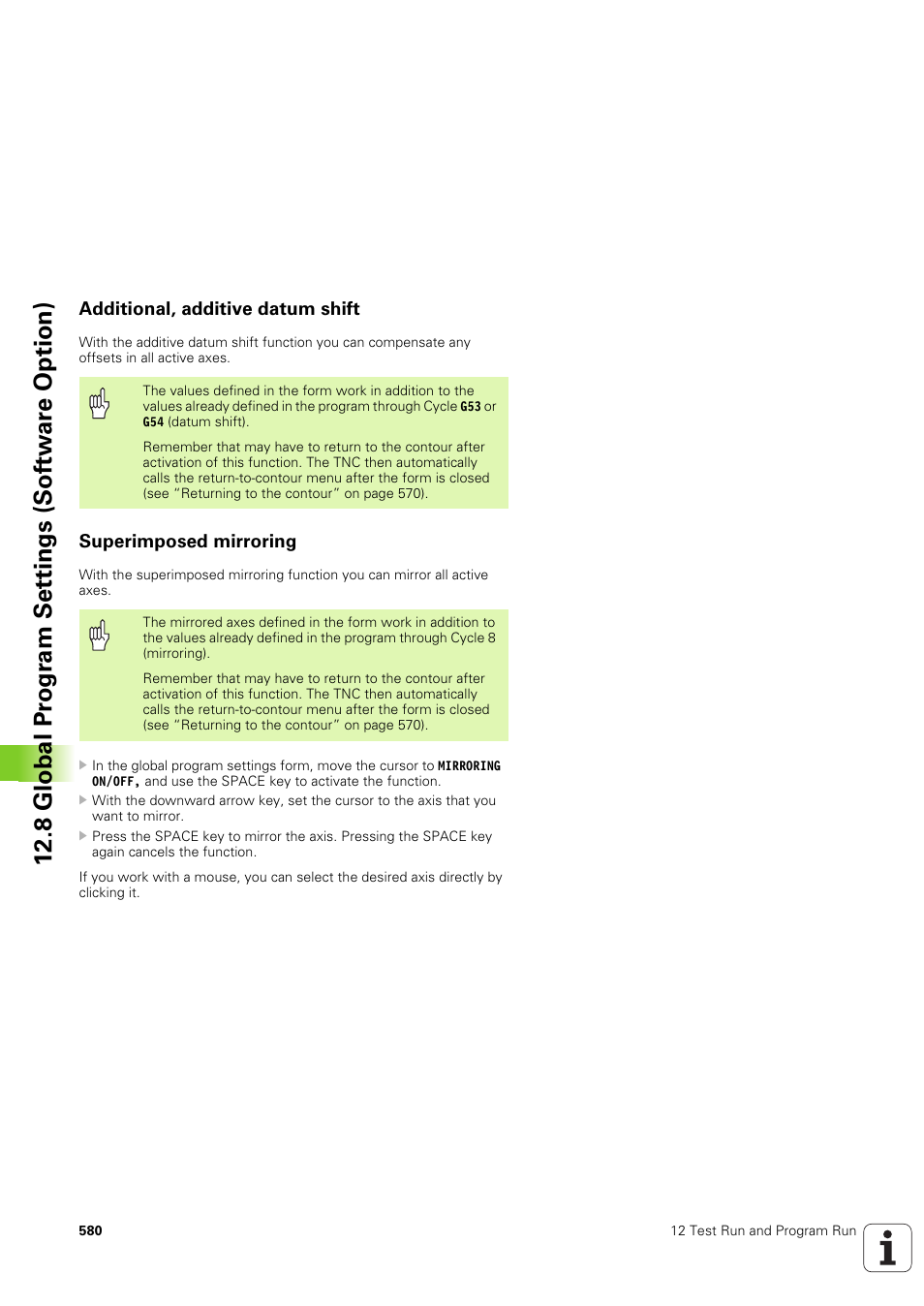 Additional, additive datum shift, Superimposed mirroring, 8 global pr ogr a m set tings (sof tw ar e option) | HEIDENHAIN iTNC 530 (340 49x-03) ISO programming User Manual | Page 580 / 675