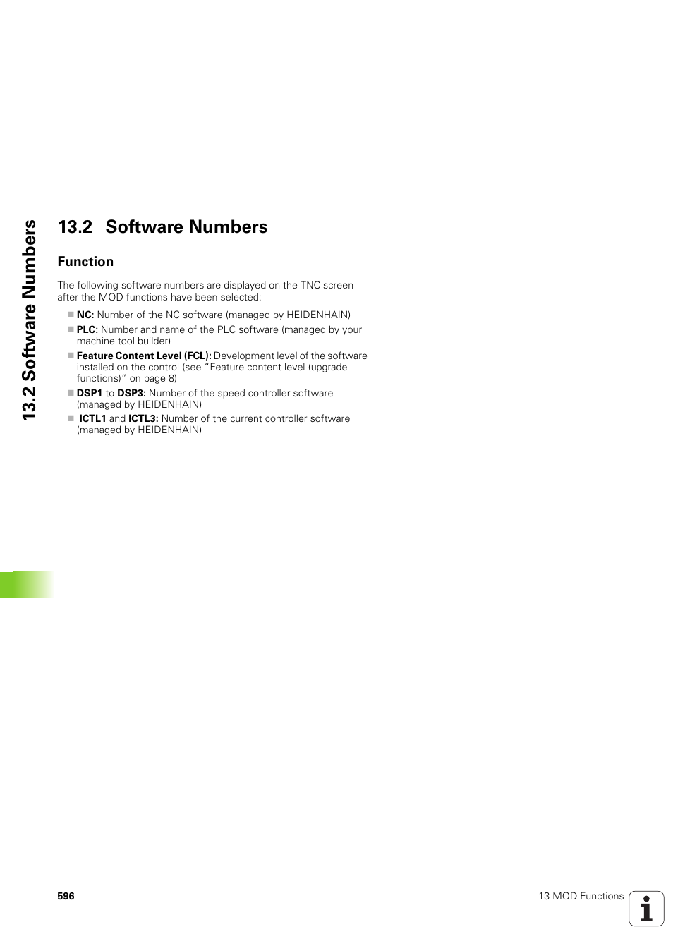 2 software numbers, Function, 2 sof tw ar e numbers 13.2 software numbers | HEIDENHAIN iTNC 530 (340 49x-03) ISO programming User Manual | Page 596 / 675