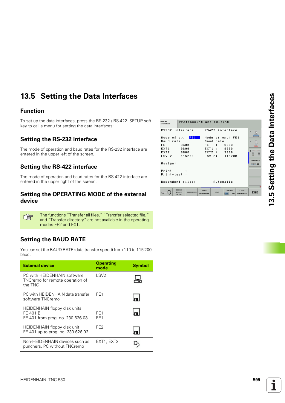 5 setting the data interfaces, Function, Setting the rs-232 interface | Setting the rs-422 interface, Setting the operating mode of the external device, Setting the baud rate | HEIDENHAIN iTNC 530 (340 49x-03) ISO programming User Manual | Page 599 / 675