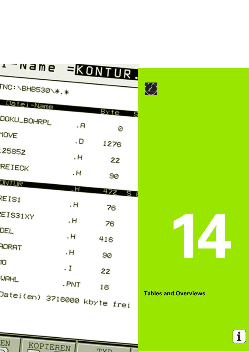 Tables and overviews, 14 tables and overviews | HEIDENHAIN iTNC 530 (340 49x-03) ISO programming User Manual | Page 627 / 675
