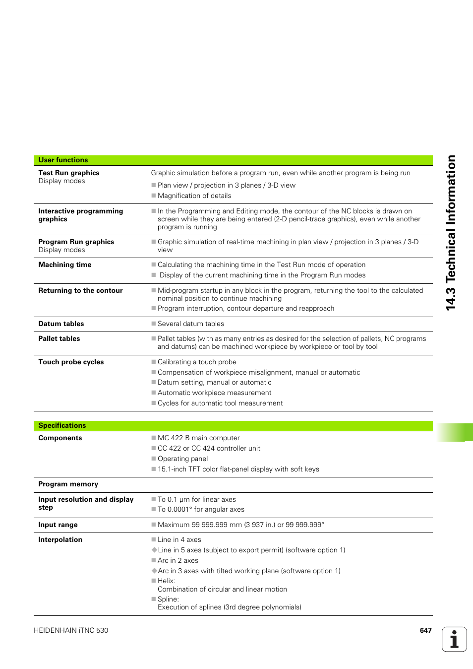 3 t ec h nical inf o rm ation | HEIDENHAIN iTNC 530 (340 49x-03) ISO programming User Manual | Page 647 / 675