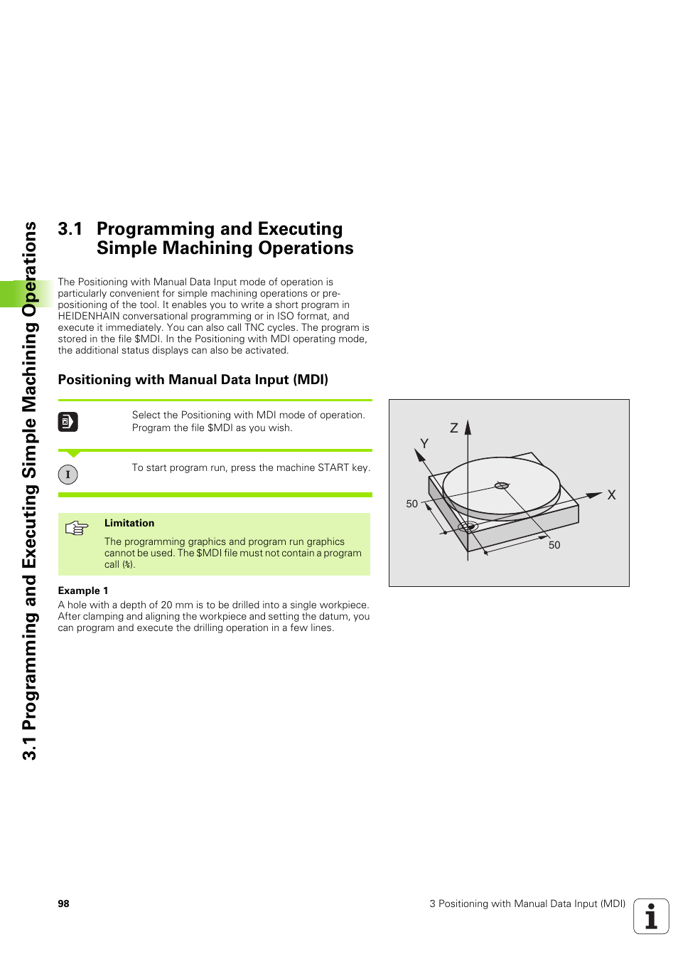 Positioning with manual data input (mdi) | HEIDENHAIN iTNC 530 (340 49x-03) ISO programming User Manual | Page 98 / 675
