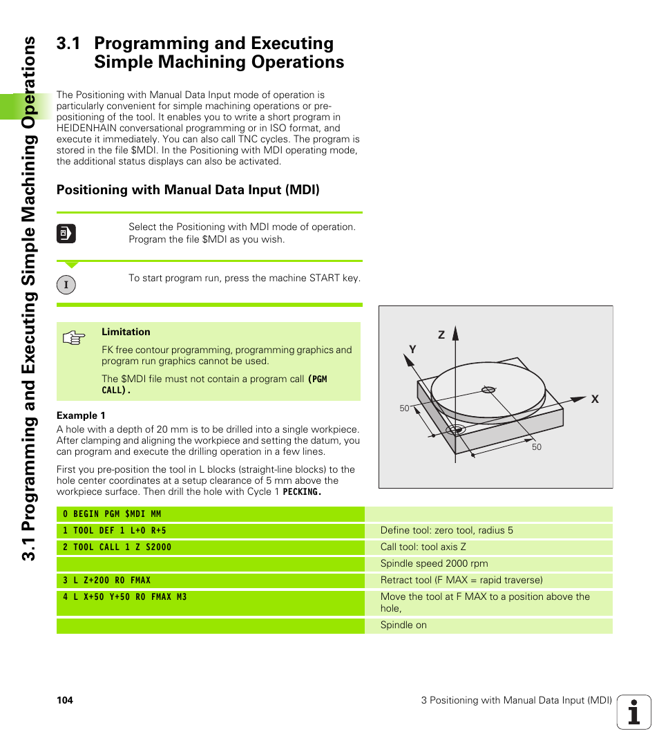 Positioning with manual data input (mdi) | HEIDENHAIN iTNC 530 (340 49x-04) User Manual | Page 104 / 789