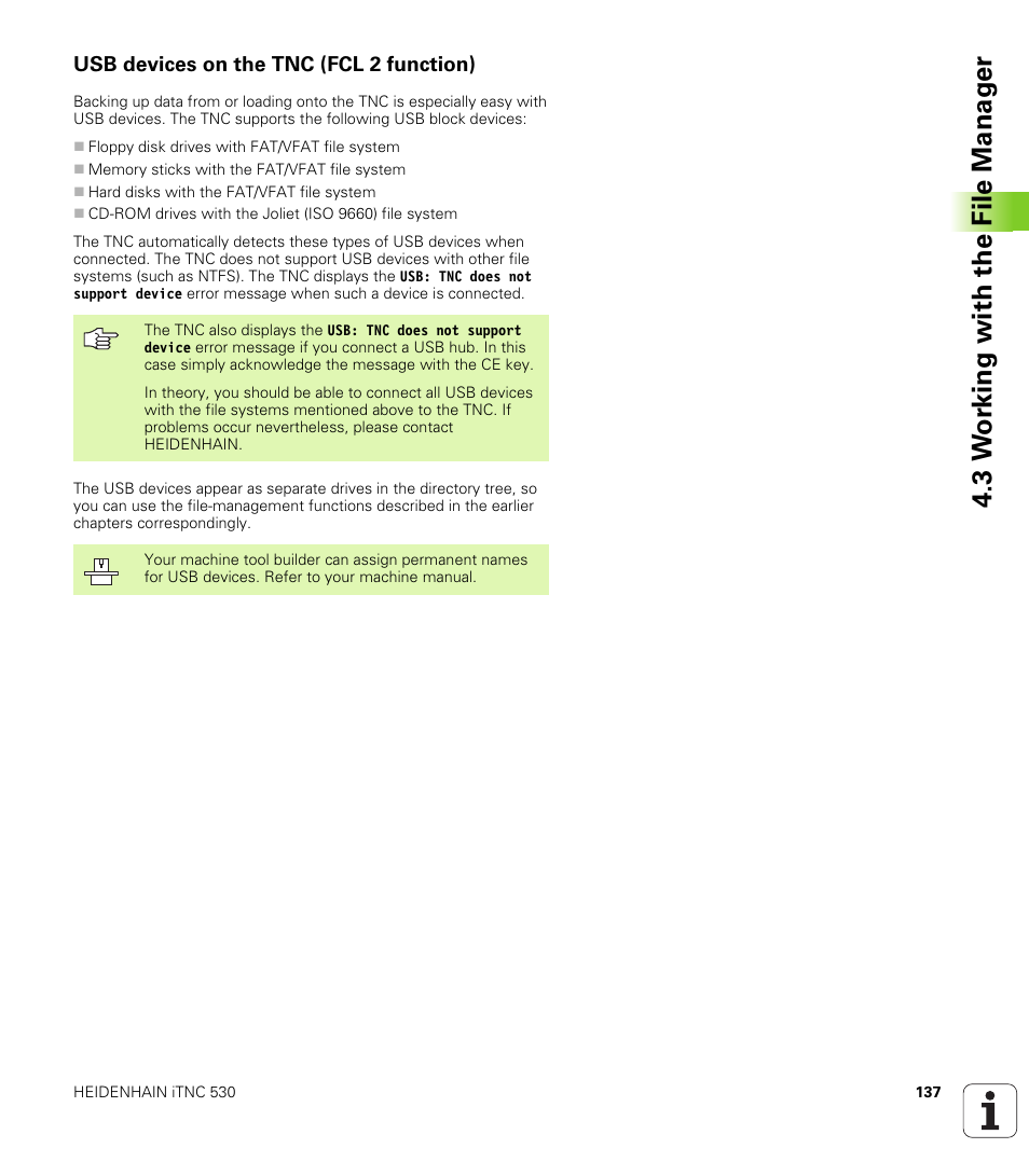 Usb devices on the tnc (fcl 2 function), 3 w o rk ing with the file manag e r | HEIDENHAIN iTNC 530 (340 49x-04) User Manual | Page 137 / 789