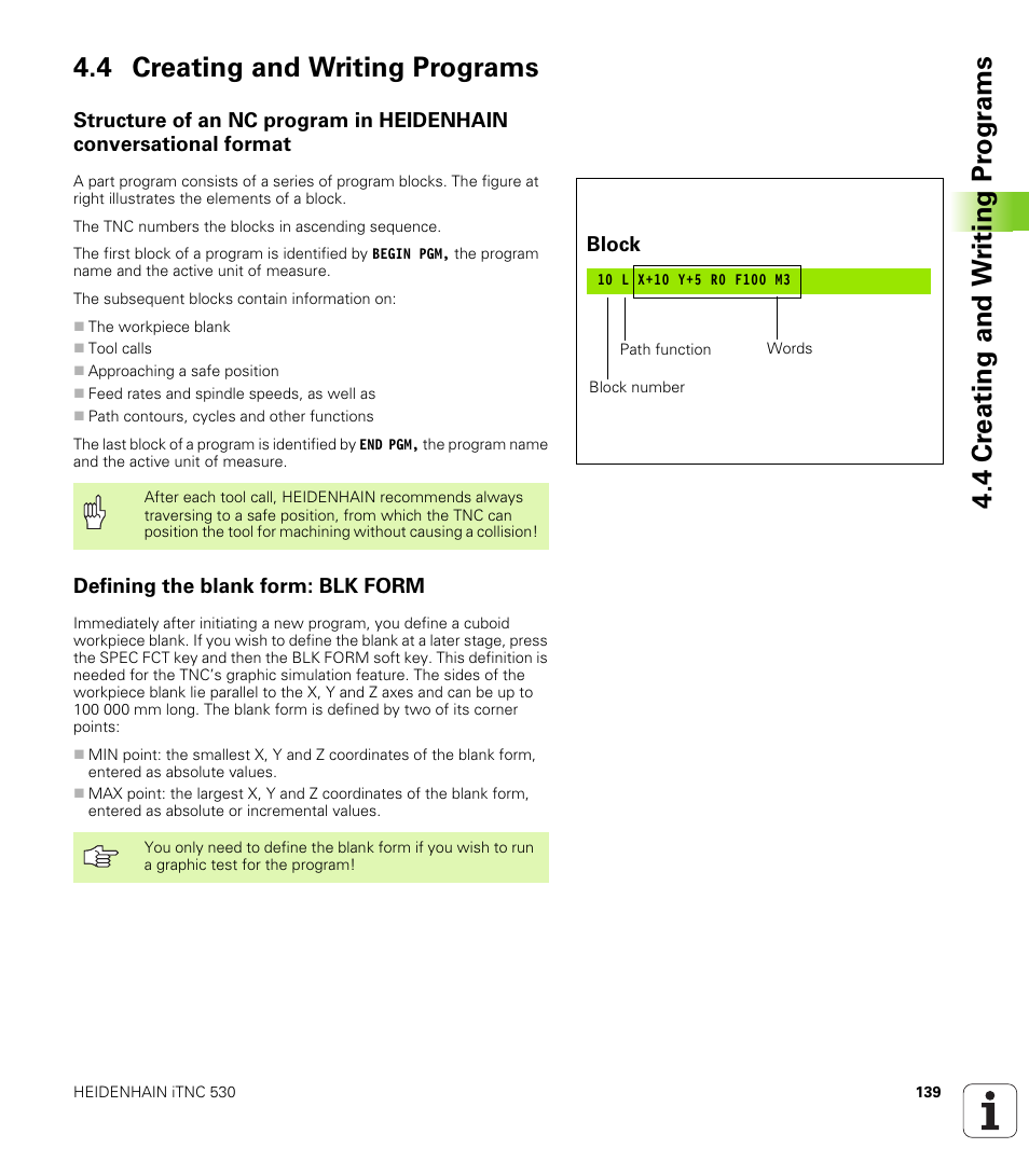 4 creating and writing programs, Defining the blank form: blk form | HEIDENHAIN iTNC 530 (340 49x-04) User Manual | Page 139 / 789