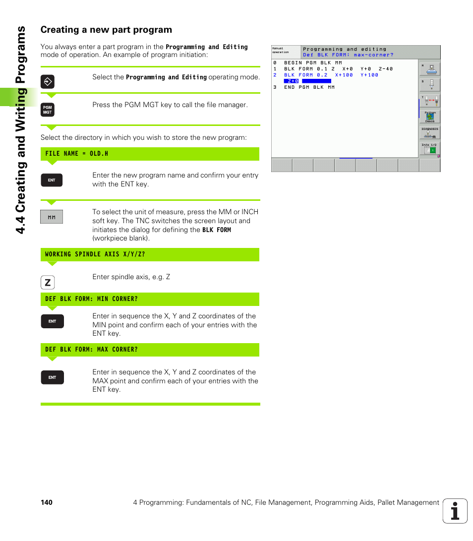 Creating a new part program, 4 cr eating and w riting pr ogr a ms | HEIDENHAIN iTNC 530 (340 49x-04) User Manual | Page 140 / 789