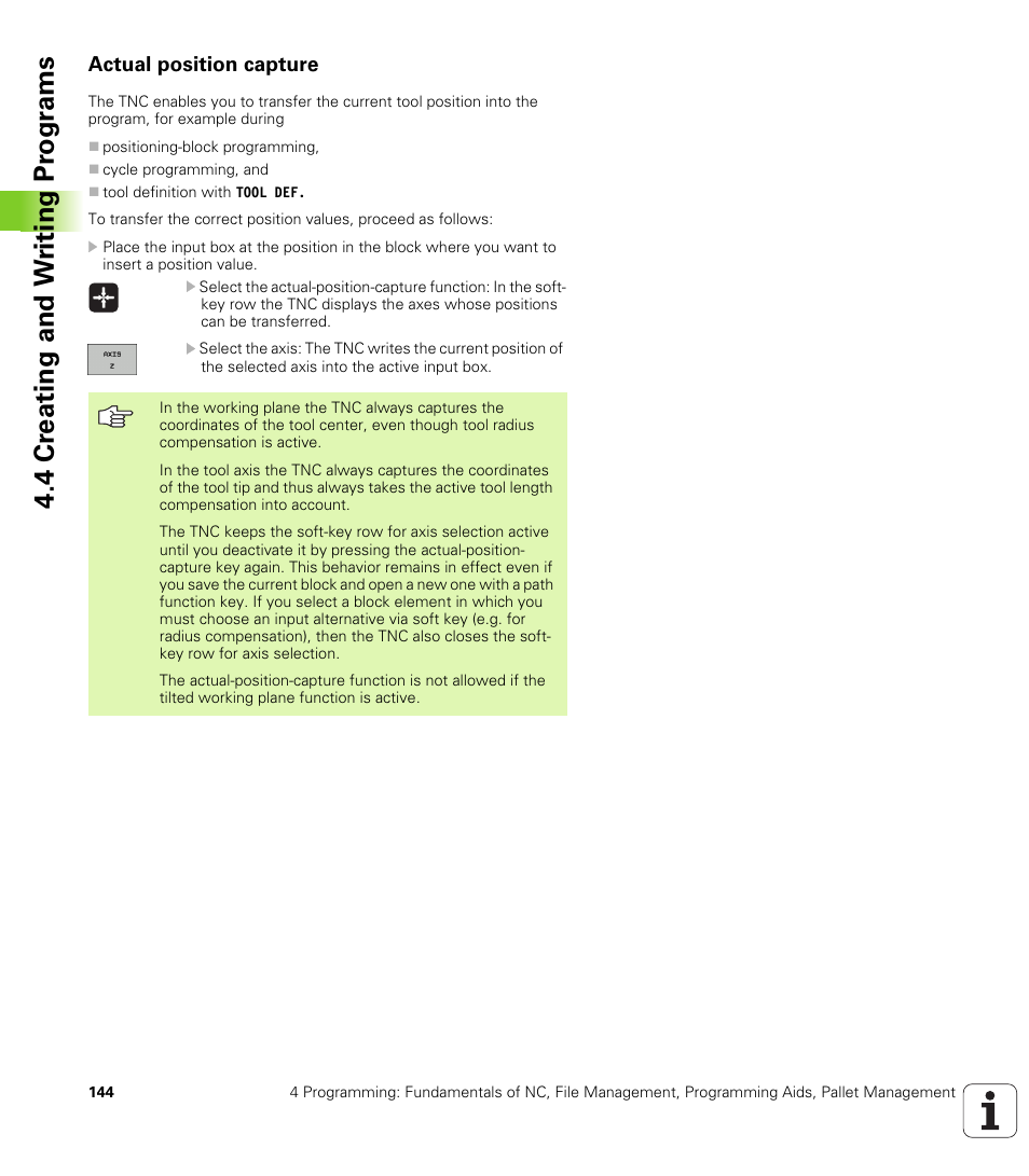 Actual position capture, 4 cr eating and w riting pr ogr a ms | HEIDENHAIN iTNC 530 (340 49x-04) User Manual | Page 144 / 789