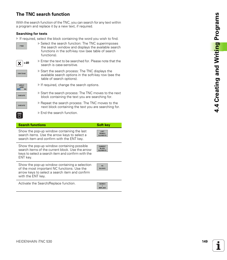 The tnc search function, 4 cr eating and w riting pr ogr a ms | HEIDENHAIN iTNC 530 (340 49x-04) User Manual | Page 149 / 789