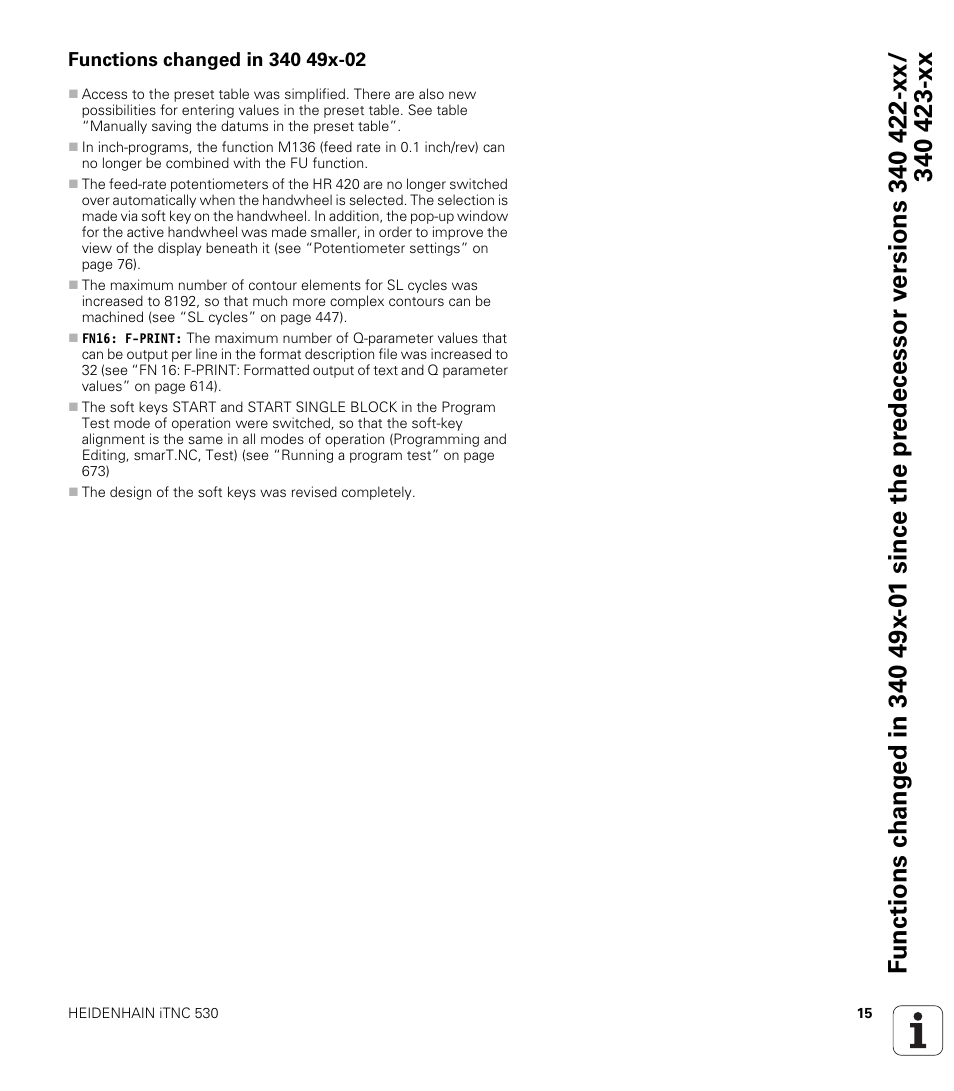 Functions changed in 340 49x-02 | HEIDENHAIN iTNC 530 (340 49x-04) User Manual | Page 15 / 789