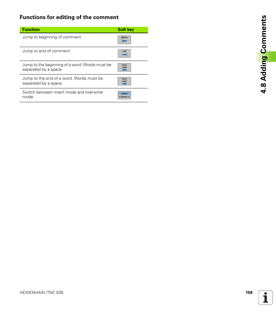 Functions for editing of the comment, 8 a dding comments | HEIDENHAIN iTNC 530 (340 49x-04) User Manual | Page 159 / 789