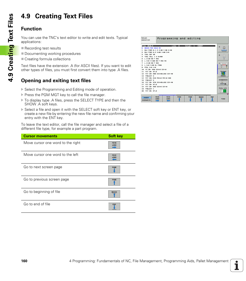 9 creating text files, Function, Opening and exiting text files | 9 cr eating t ext files 4.9 creating text files | HEIDENHAIN iTNC 530 (340 49x-04) User Manual | Page 160 / 789