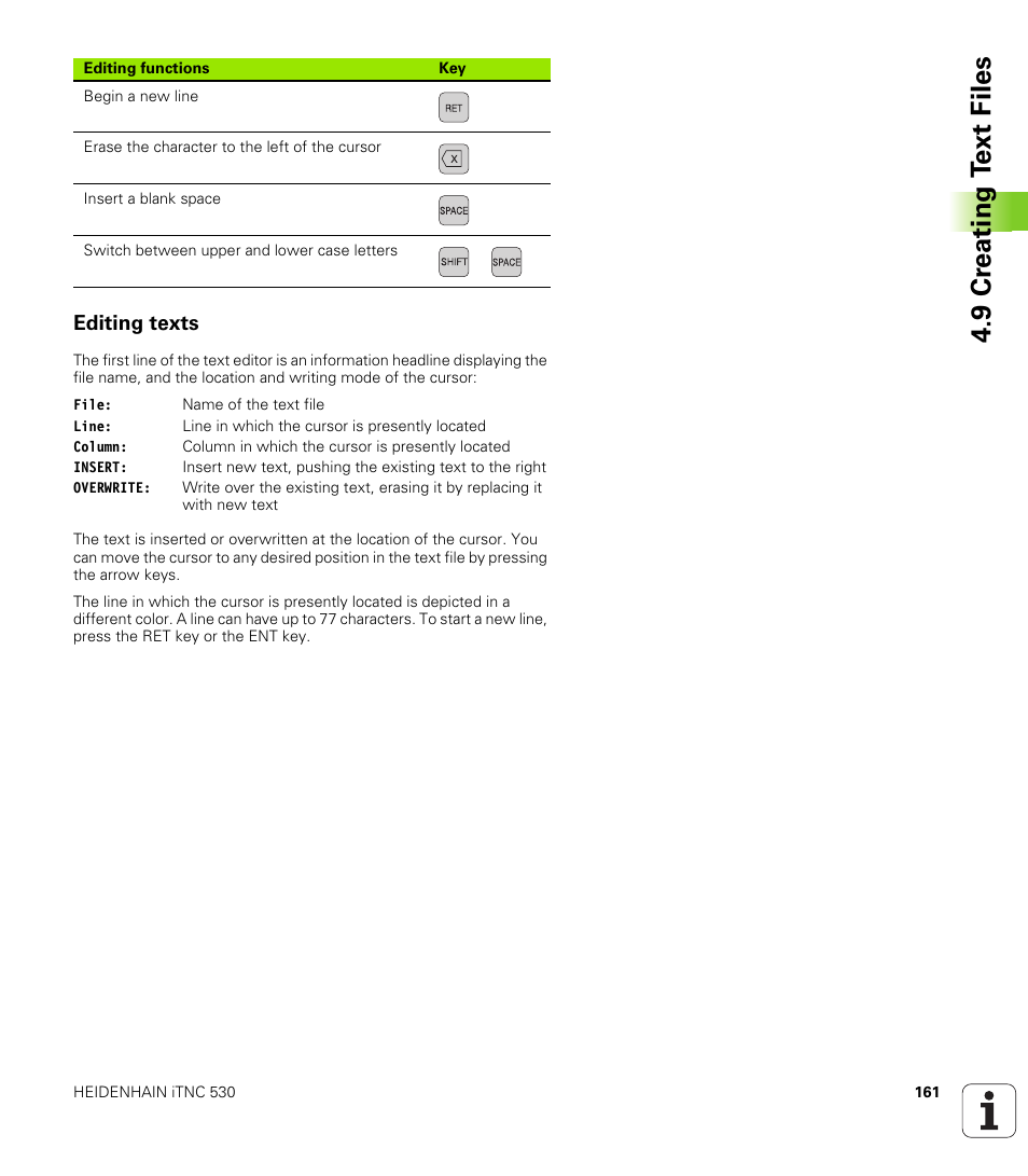 Editing texts, 9 cr eating t ext files | HEIDENHAIN iTNC 530 (340 49x-04) User Manual | Page 161 / 789