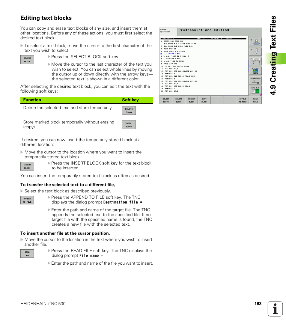 Editing text blocks, 9 cr eating t ext files | HEIDENHAIN iTNC 530 (340 49x-04) User Manual | Page 163 / 789