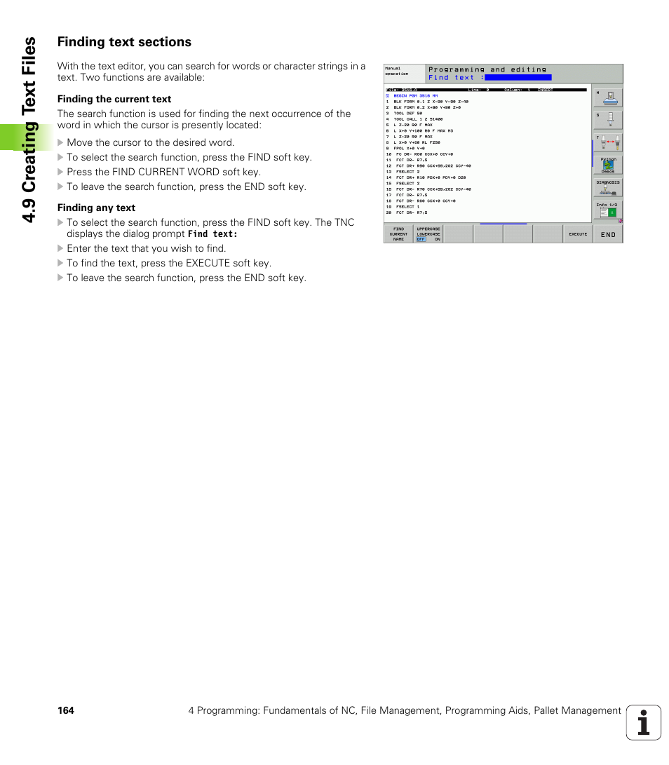 Finding text sections, 9 cr eating t ext files | HEIDENHAIN iTNC 530 (340 49x-04) User Manual | Page 164 / 789