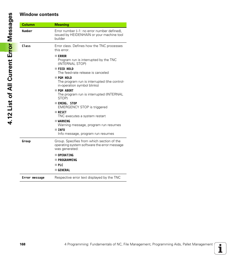 Window contents, 12 list of all cur rent er ro r messag es | HEIDENHAIN iTNC 530 (340 49x-04) User Manual | Page 168 / 789