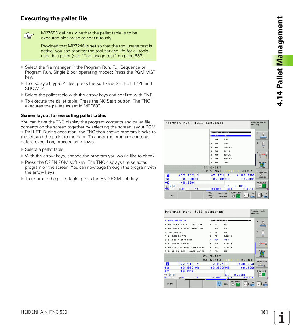 Executing the pallet file, 14 p a llet manag e ment | HEIDENHAIN iTNC 530 (340 49x-04) User Manual | Page 181 / 789