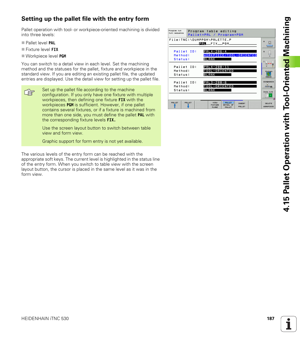 Setting up the pallet file with the entry form | HEIDENHAIN iTNC 530 (340 49x-04) User Manual | Page 187 / 789