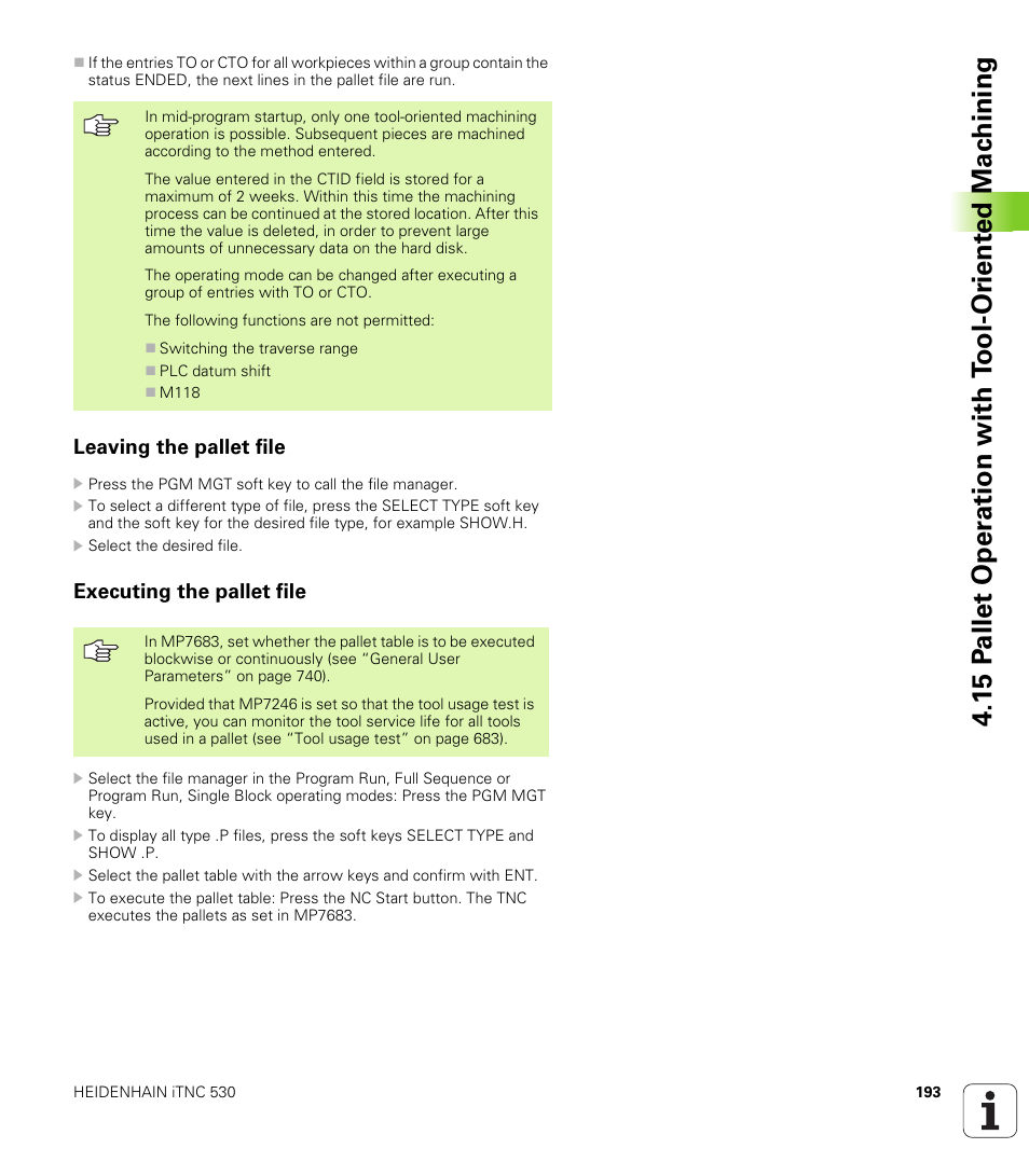 Leaving the pallet file, Executing the pallet file | HEIDENHAIN iTNC 530 (340 49x-04) User Manual | Page 193 / 789