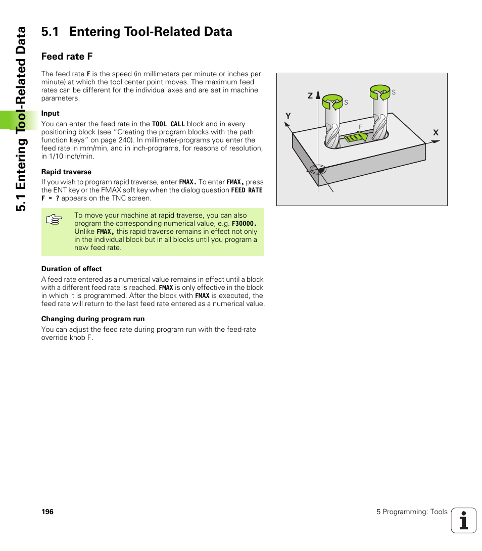 1 entering tool-related data, Feed rate f | HEIDENHAIN iTNC 530 (340 49x-04) User Manual | Page 196 / 789