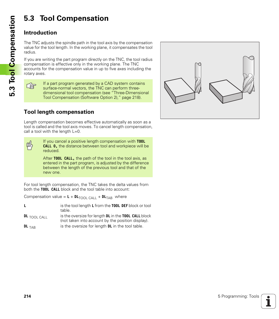 3 tool compensation, Introduction, Tool length compensation | 3 t ool compensation 5.3 tool compensation | HEIDENHAIN iTNC 530 (340 49x-04) User Manual | Page 214 / 789