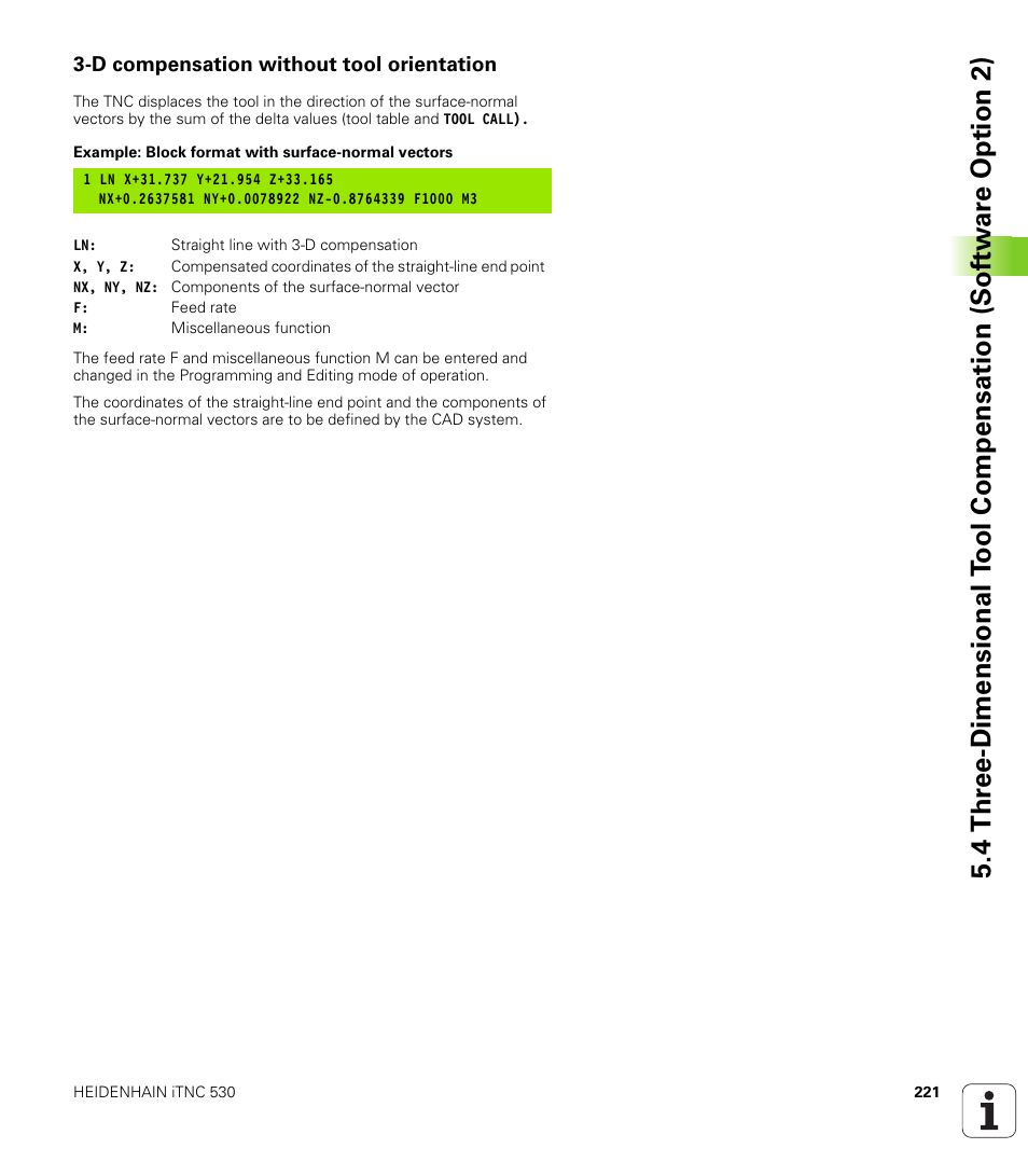 D compensation without tool orientation | HEIDENHAIN iTNC 530 (340 49x-04) User Manual | Page 221 / 789