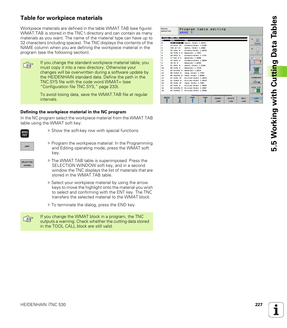 Table for workpiece materials, 5 w o rk ing with cut ting d a ta t a bles | HEIDENHAIN iTNC 530 (340 49x-04) User Manual | Page 227 / 789