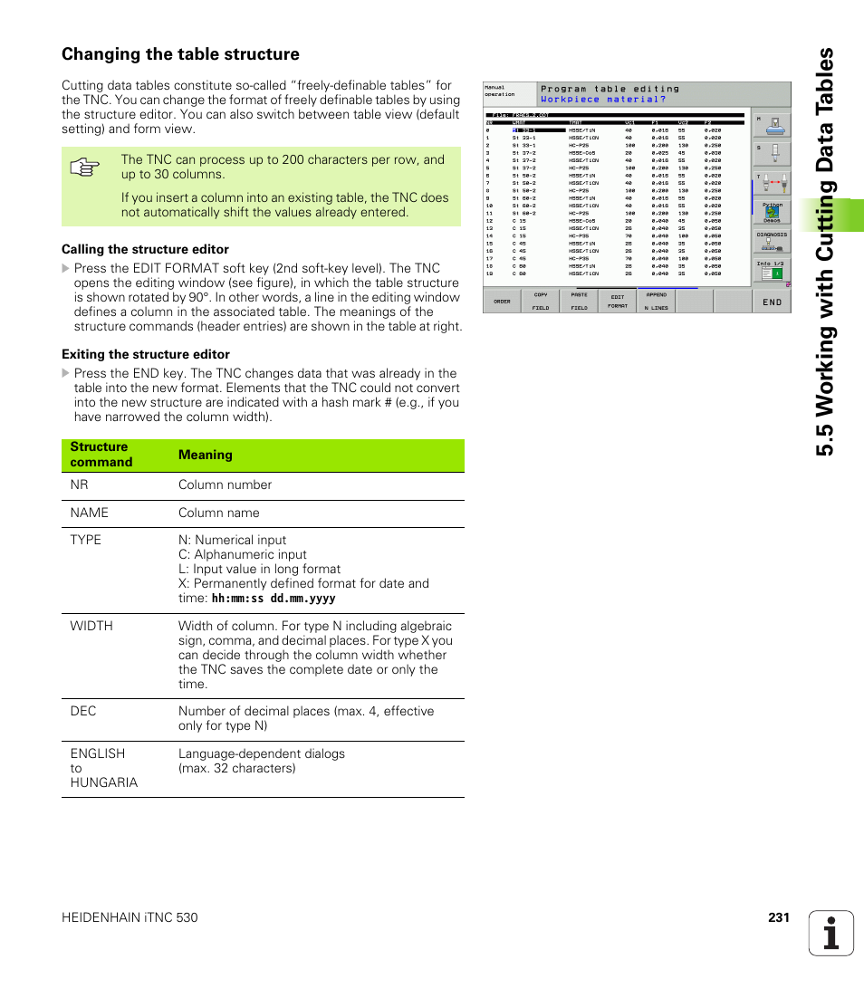 Changing the table structure, 5 w o rk ing with cut ting d a ta t a bles | HEIDENHAIN iTNC 530 (340 49x-04) User Manual | Page 231 / 789