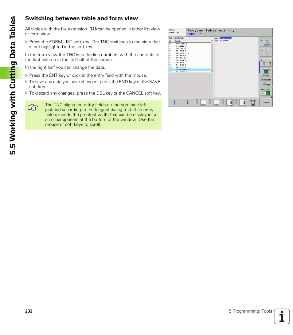 Switching between table and form view, 5 w o rk ing with cut ting d a ta t a bles | HEIDENHAIN iTNC 530 (340 49x-04) User Manual | Page 232 / 789