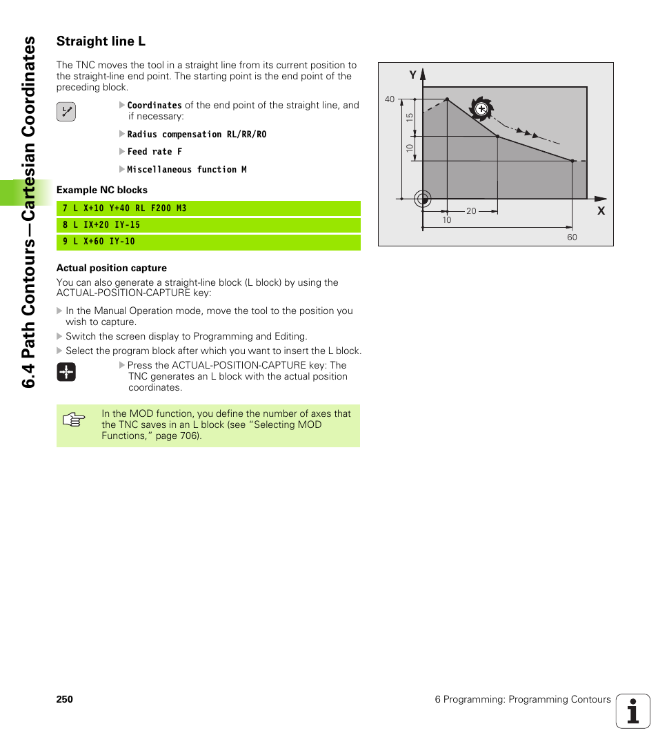 Straight line l, 4 p a th cont ours—car te sian coor dinat e s | HEIDENHAIN iTNC 530 (340 49x-04) User Manual | Page 250 / 789