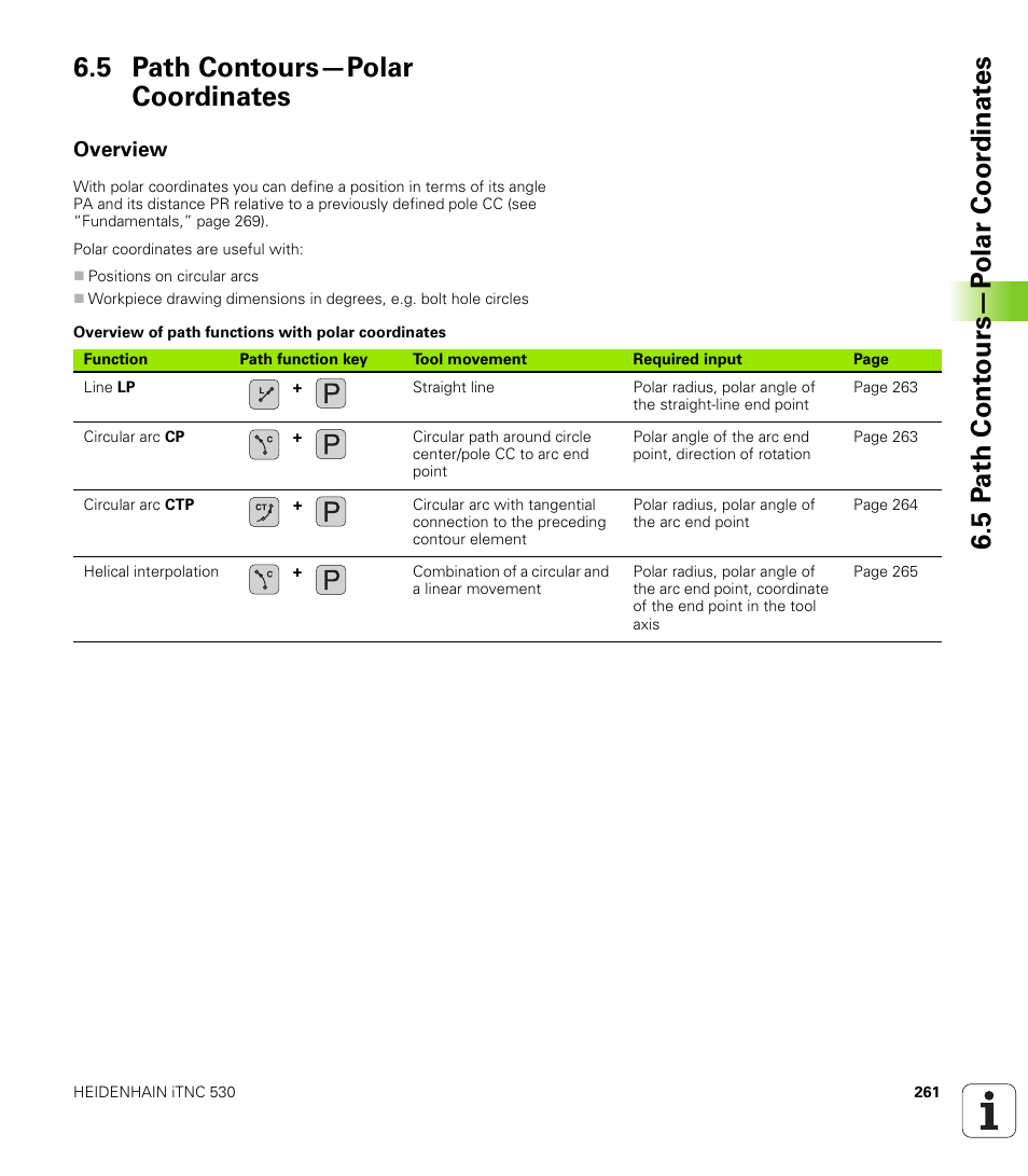 5 path contours-polar coordinates, Overview, 5 path contours—polar coordinates | HEIDENHAIN iTNC 530 (340 49x-04) User Manual | Page 261 / 789