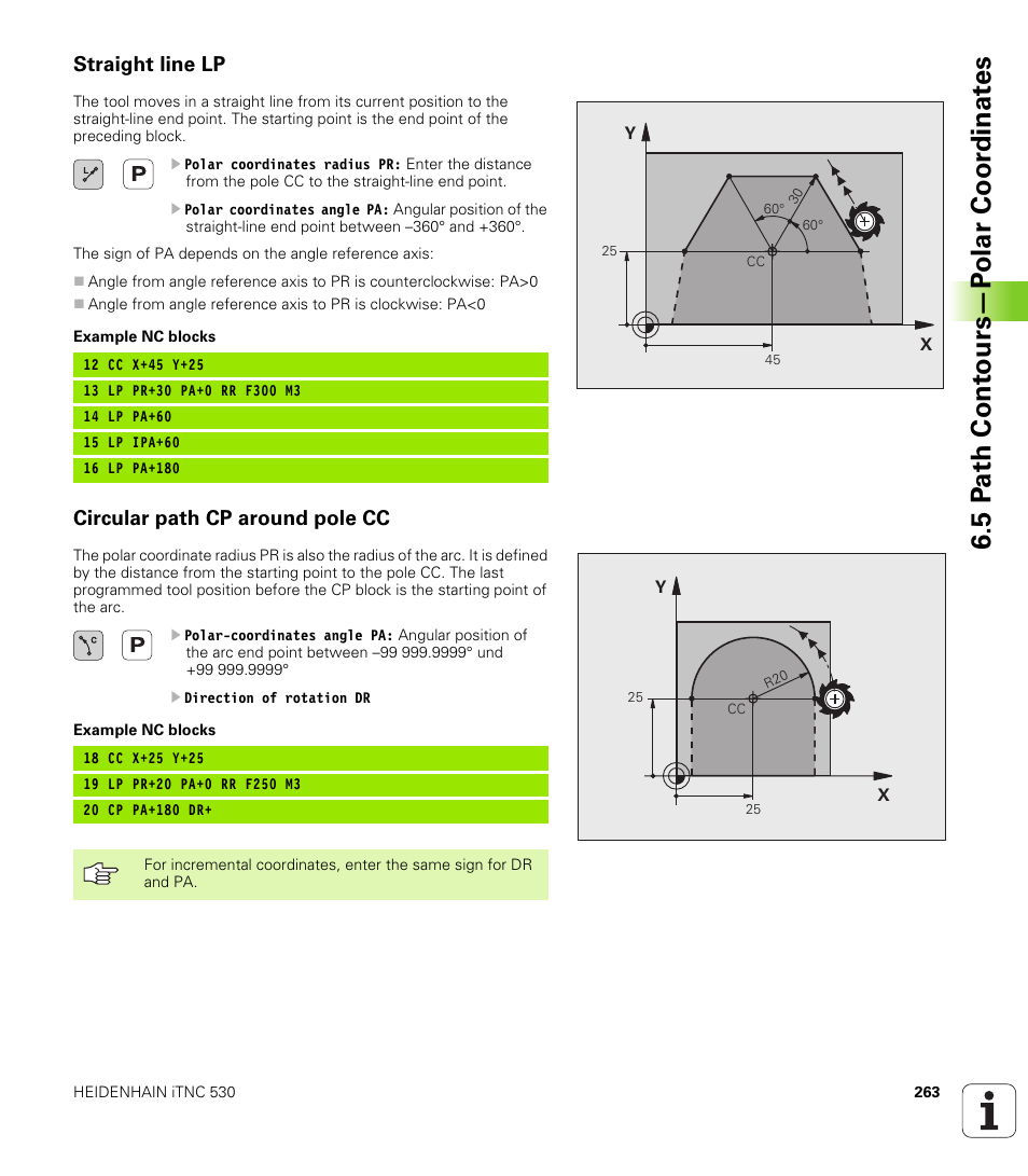 Straight line lp, Circular path cp around pole cc, 5 p a th cont ours—p o lar coor dinat e s | HEIDENHAIN iTNC 530 (340 49x-04) User Manual | Page 263 / 789