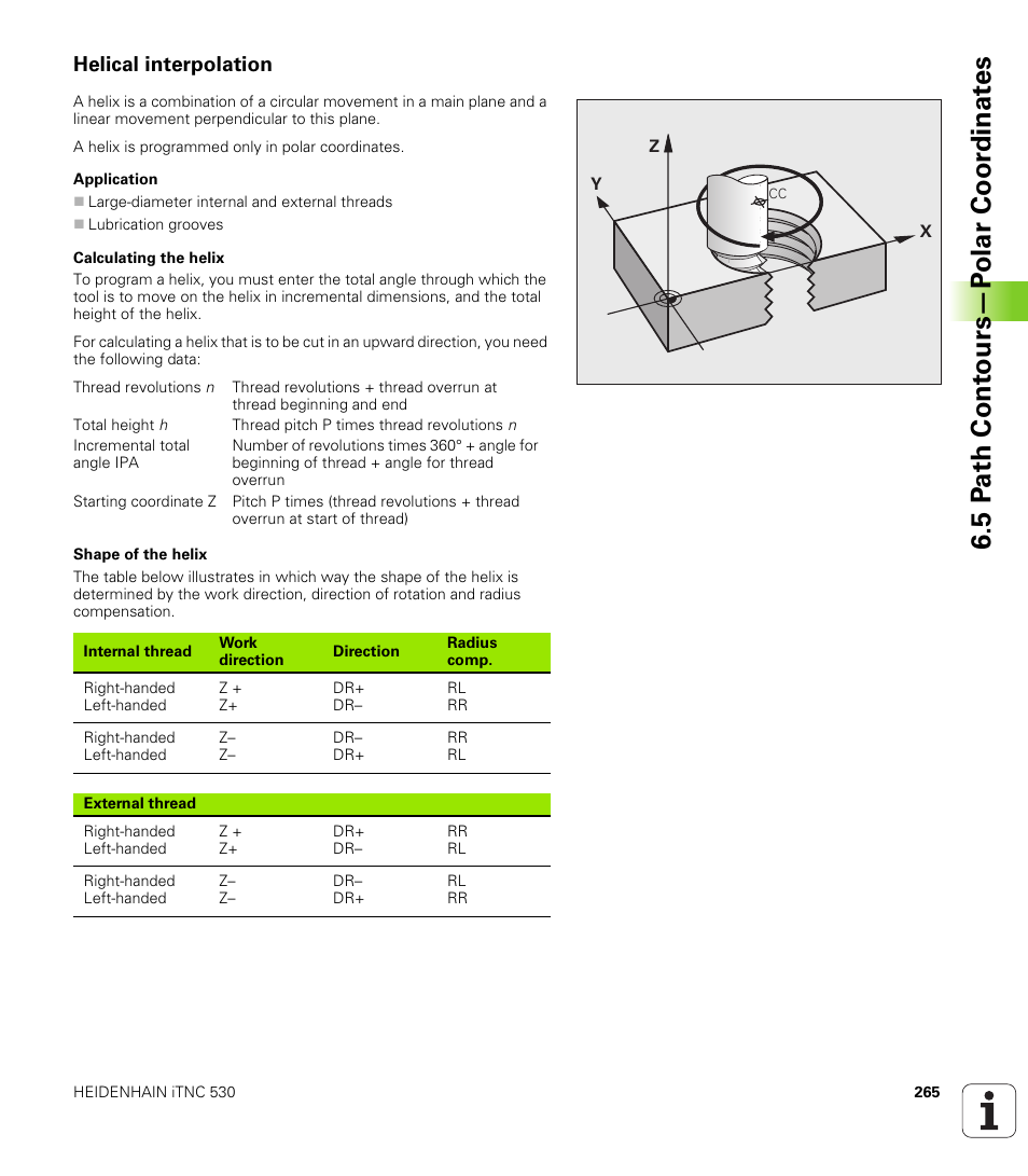 Helical interpolation, 5 p a th cont ours—p o lar coor dinat e s | HEIDENHAIN iTNC 530 (340 49x-04) User Manual | Page 265 / 789