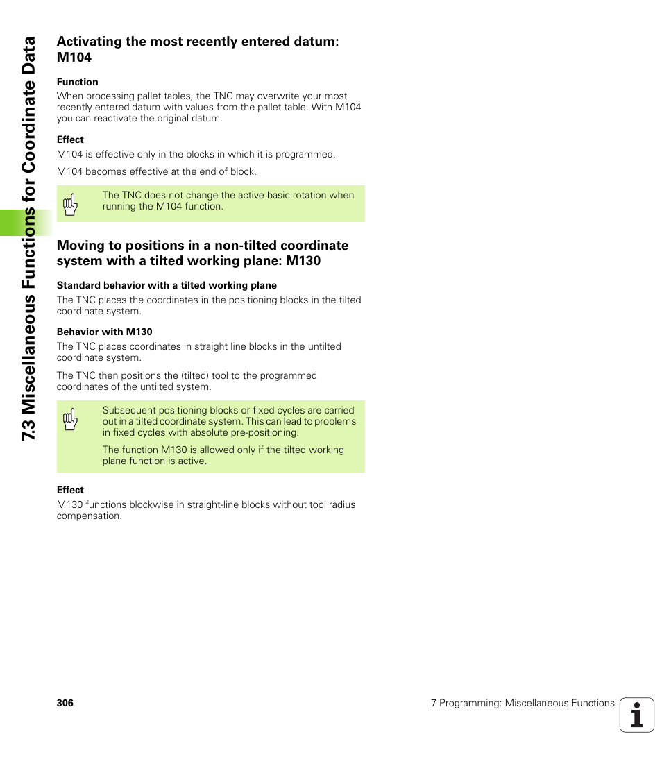 Activating the most recently entered datum: m104 | HEIDENHAIN iTNC 530 (340 49x-04) User Manual | Page 306 / 789