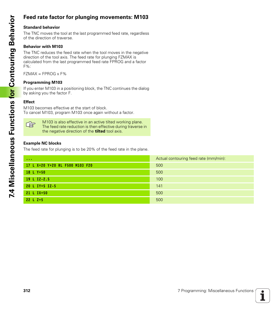 Feed rate factor for plunging movements: m103 | HEIDENHAIN iTNC 530 (340 49x-04) User Manual | Page 312 / 789