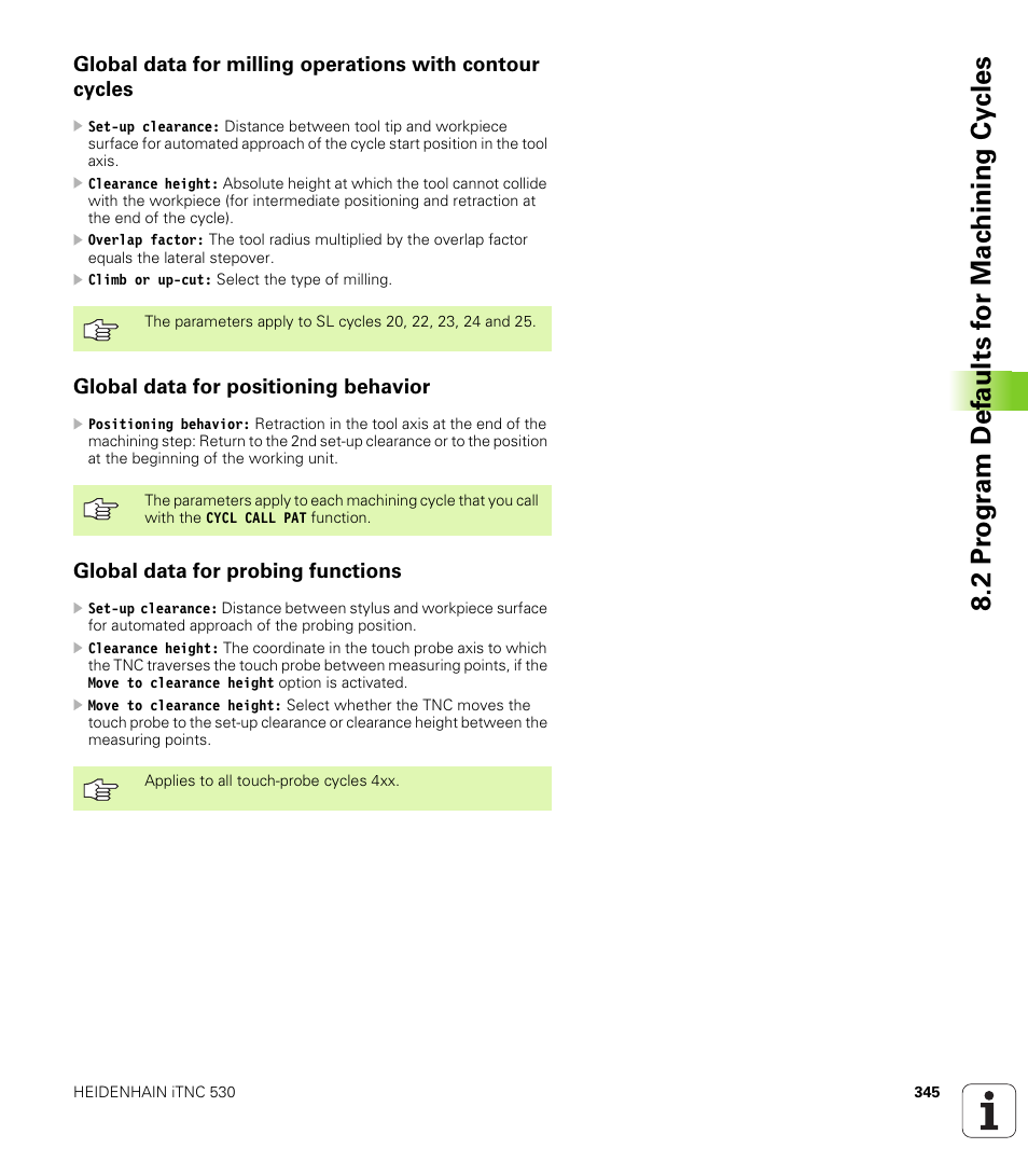 Global data for positioning behavior, Global data for probing functions | HEIDENHAIN iTNC 530 (340 49x-04) User Manual | Page 345 / 789