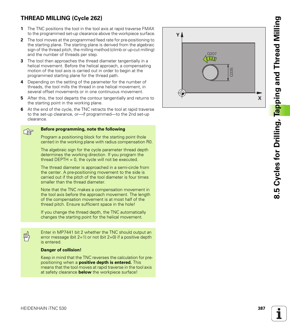 Thread milling (cycle 262) | HEIDENHAIN iTNC 530 (340 49x-04) User Manual | Page 387 / 789