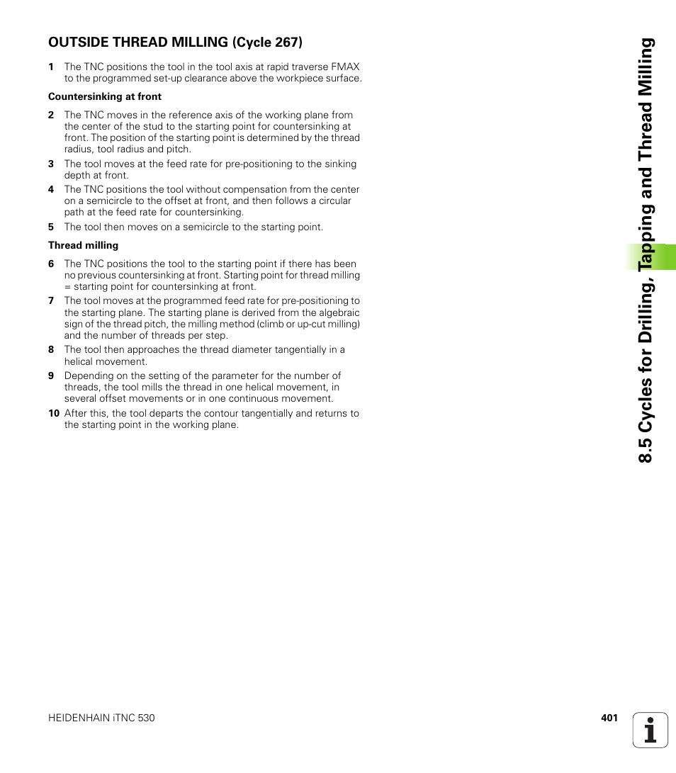 Outside thread milling (cycle 267) | HEIDENHAIN iTNC 530 (340 49x-04) User Manual | Page 401 / 789