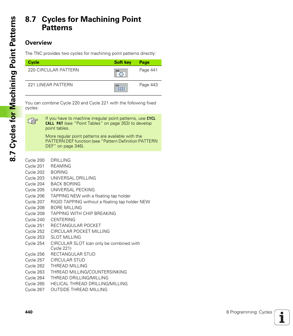 7 cycles for machining point patterns, Overview | HEIDENHAIN iTNC 530 (340 49x-04) User Manual | Page 440 / 789