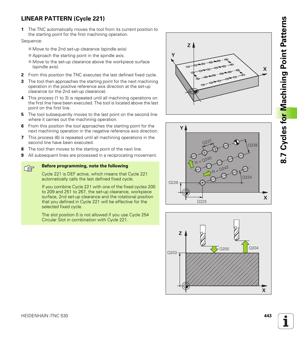 Linear pattern (cycle 221) | HEIDENHAIN iTNC 530 (340 49x-04) User Manual | Page 443 / 789