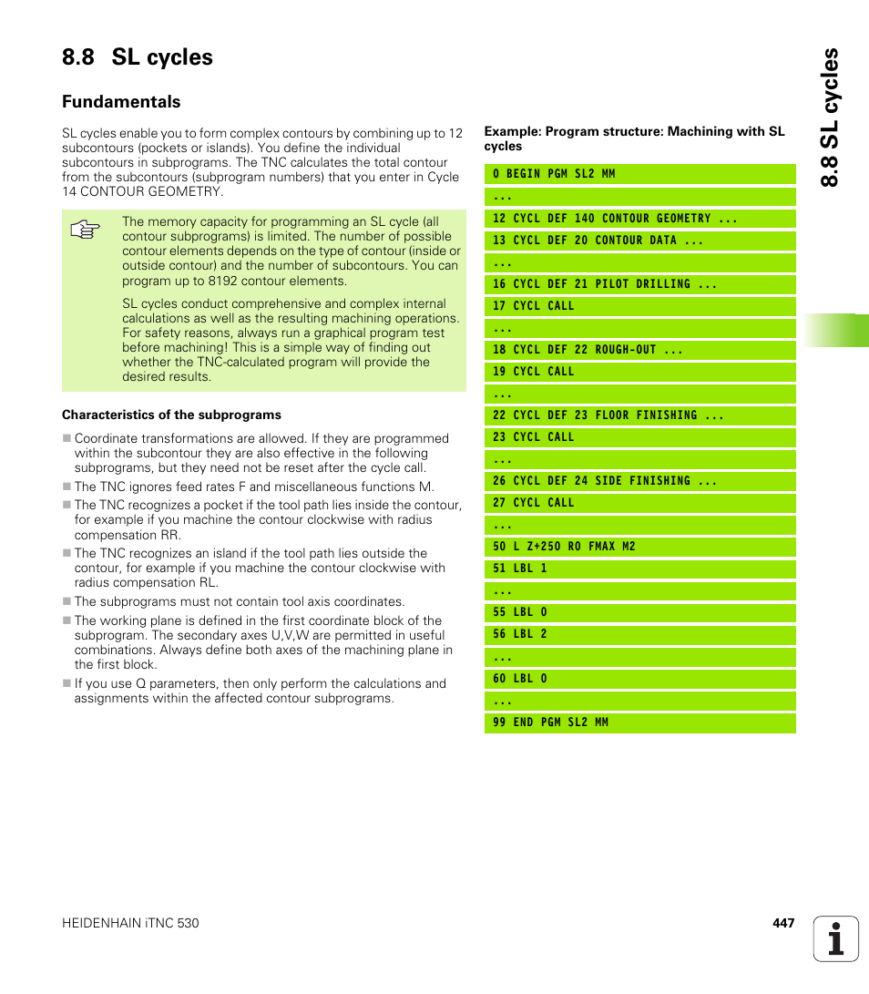 8 sl cycles, Fundamentals, 8 sl c y cles 8.8 sl cycles | HEIDENHAIN iTNC 530 (340 49x-04) User Manual | Page 447 / 789